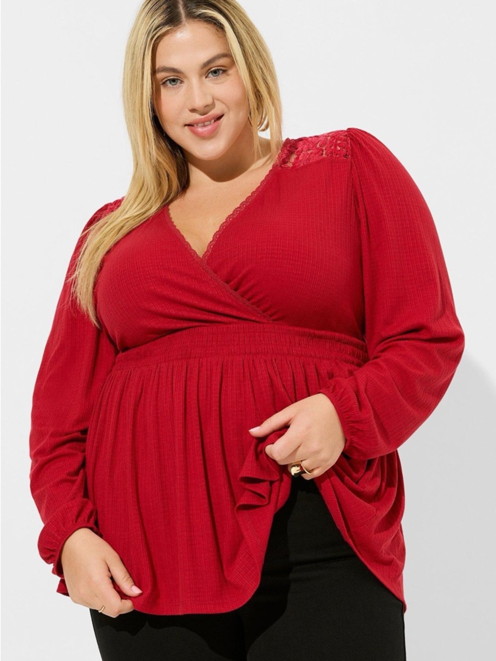 Torrid Texture Jersey V-Neck Lace Yoke Surplice Long Sleeve Babydoll Blouse